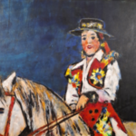 Acryl schilderij, Maya Wildevuur, Vrouw op paard, 1993